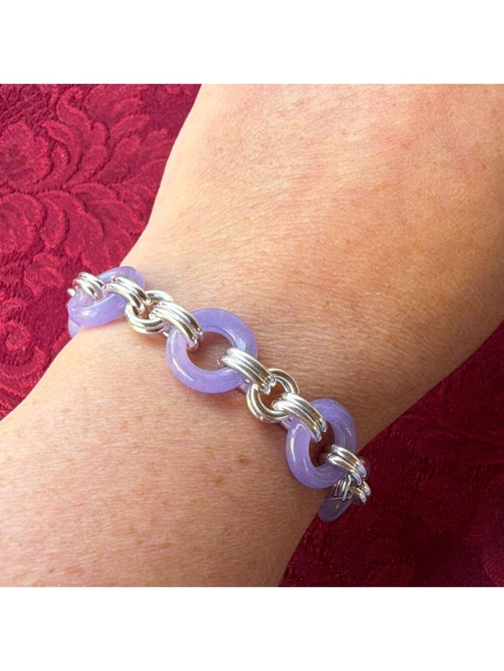 Vintage GSJ Sterling Silver Lavender Jade Circle Toggle Bracelet Purple Jadeite